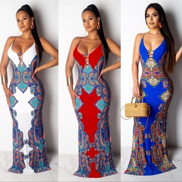 Bohemian Beach Vintage Tribal Print Slip Backless Casual Long Maxi Red LARGE - Picture 3 of 6